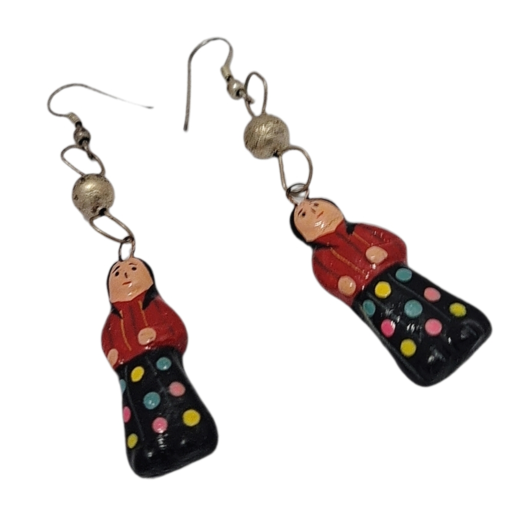 Hand Painted 3D Folk Art Doll Earrings | Whimsical Dangle | NWOT